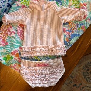 Ruffle Butts Pink and White seersucker swim